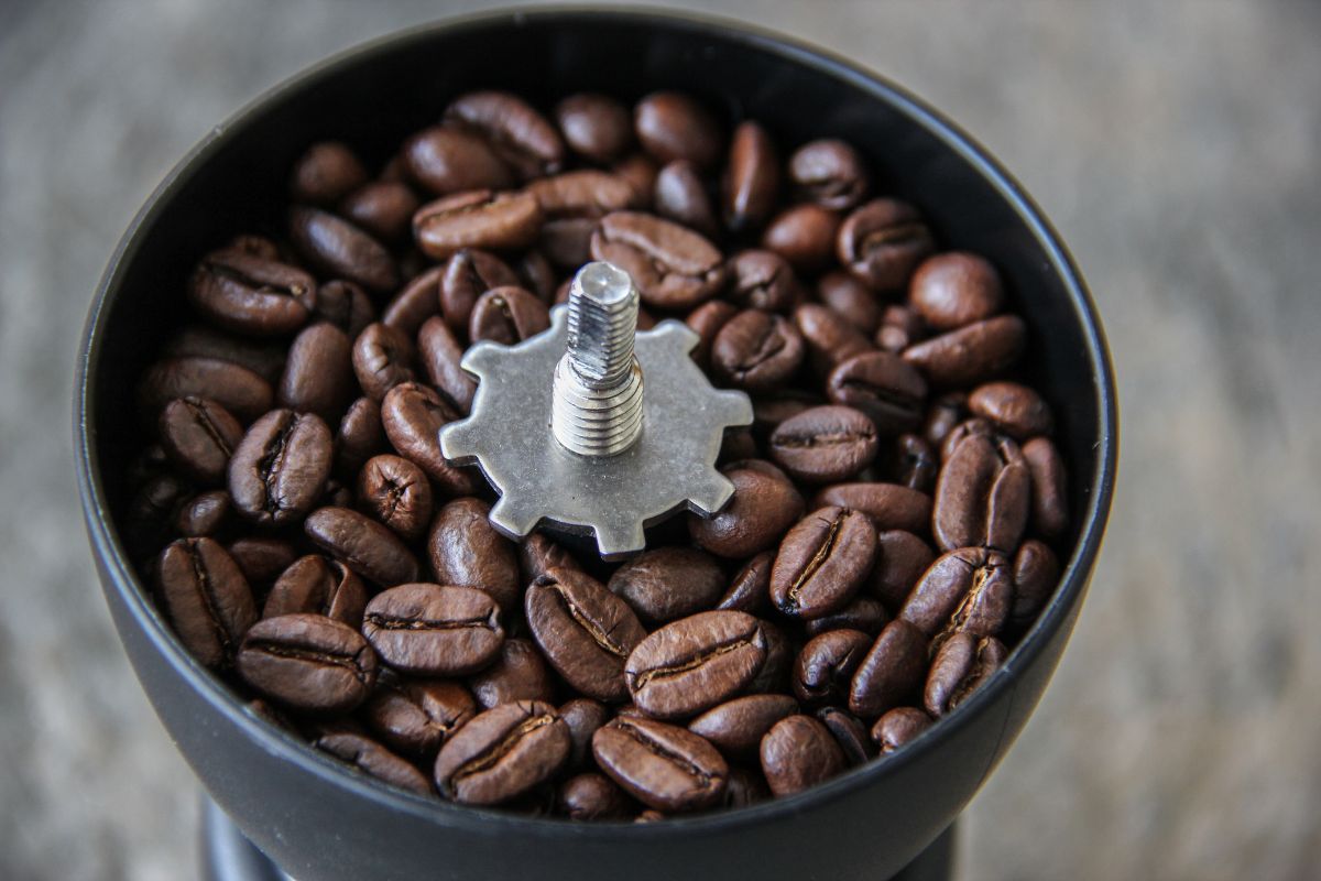 Arabica Dark roasted Coffee beans in a hand grinder