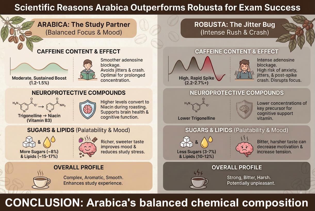Arabica balanced chemical composition offers a smoother mode