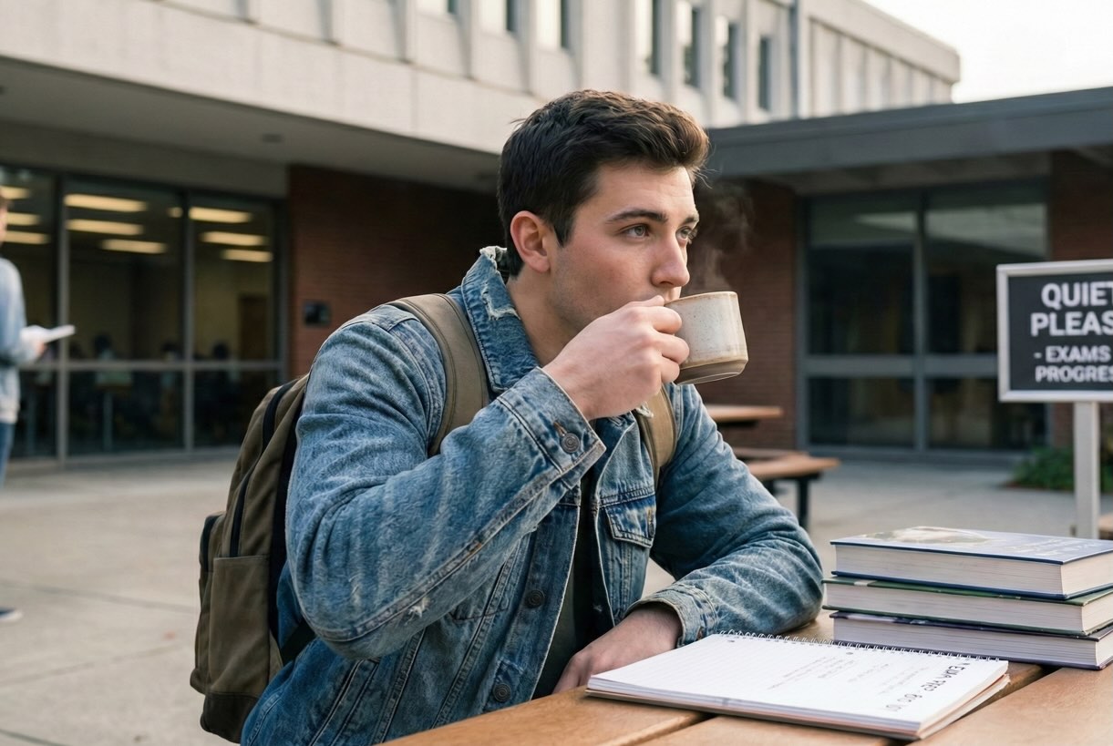 Student drinking Arabica coffee while studying for exam
