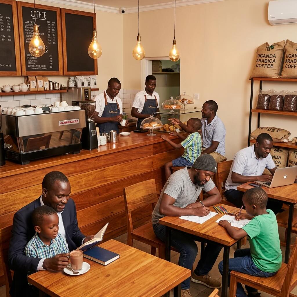 Busy specialty café scene with barista preparing espresso and bags of fresh roasted coffee on counter