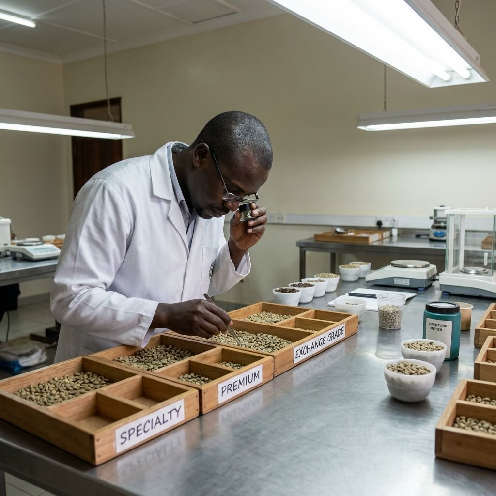 Coffee quality professional sorting beans into specialty premium and exchange grade compartments