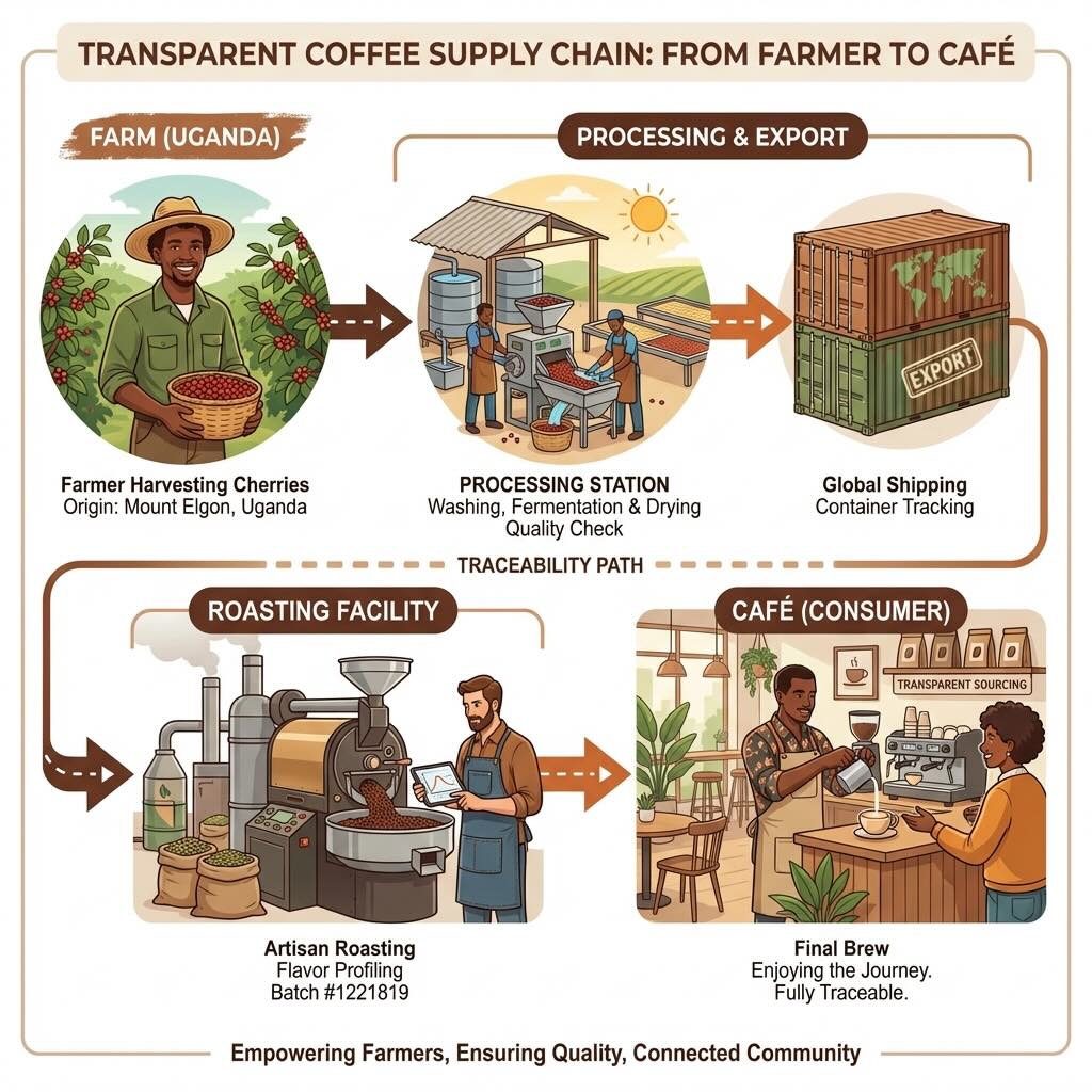 Transparent coffee supply chain infographic showing farmer to café journey