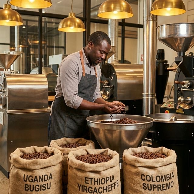 Person sorting coffee beans in shop.