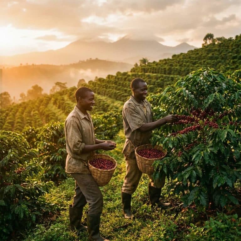 Two Ugandan farmers harvesting coffee cherries at golden hour