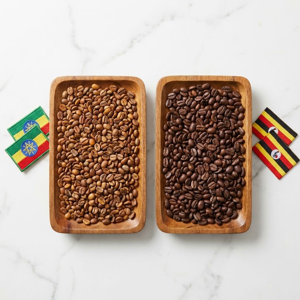 Ethiopian and Ugandan coffee beans side by side comparison with country flags