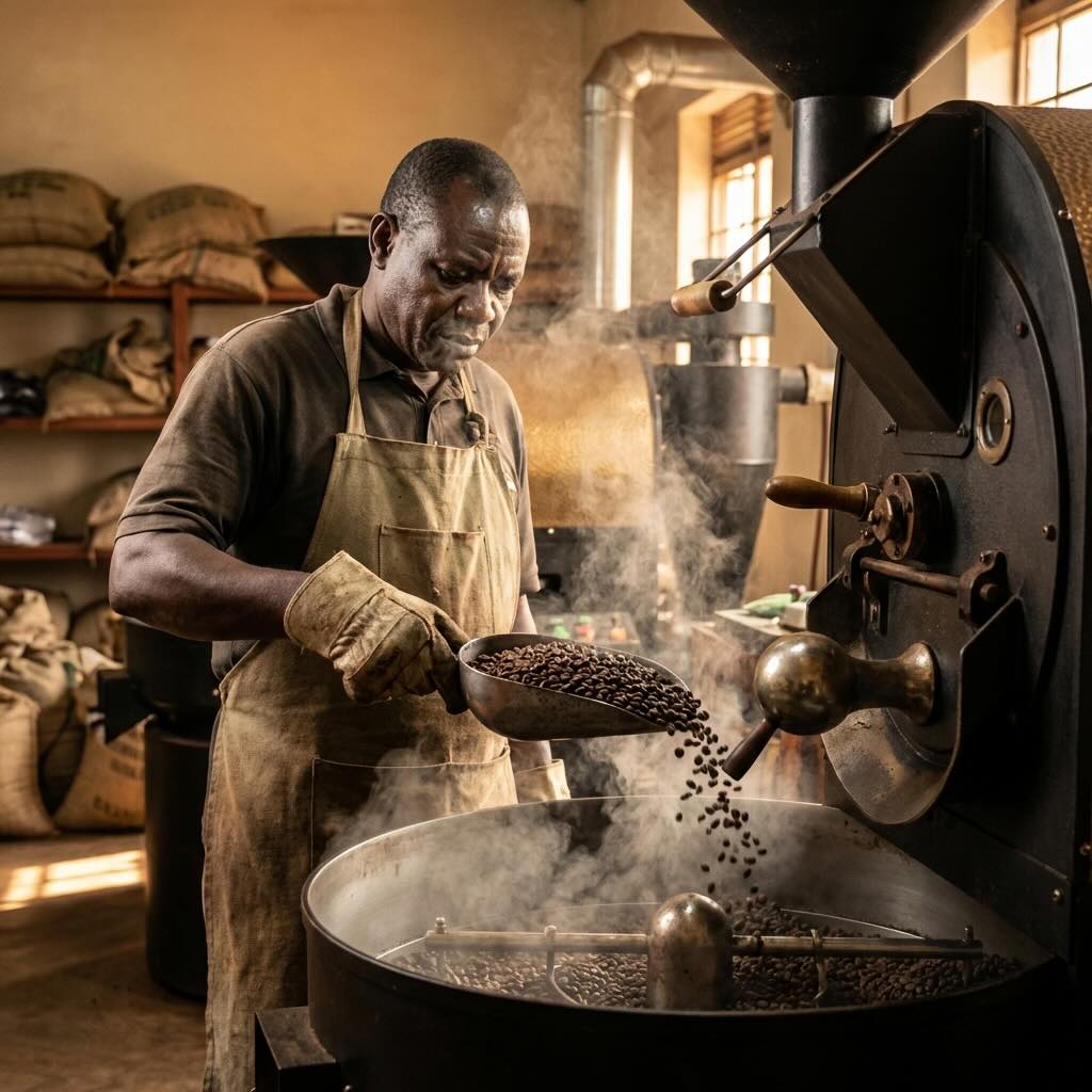 Professional roaster removing fresh roasted coffee beans from drum roaster with steam rising
