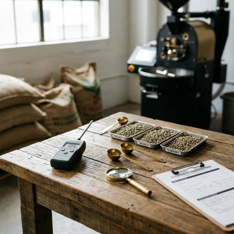 green coffee bean quality inspection tools laid out on a wooden table