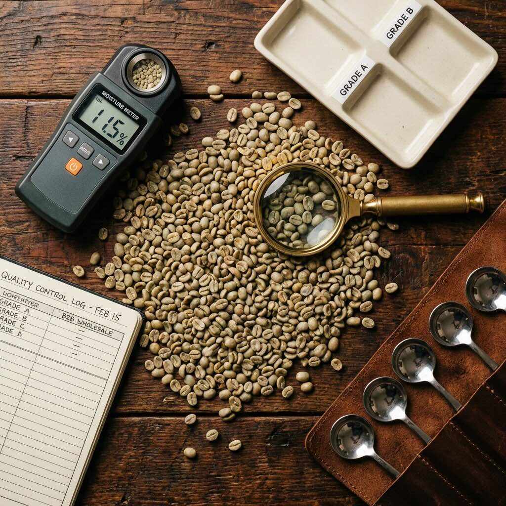 Green coffee bean quality inspection tools including moisture meter and cupping spoons