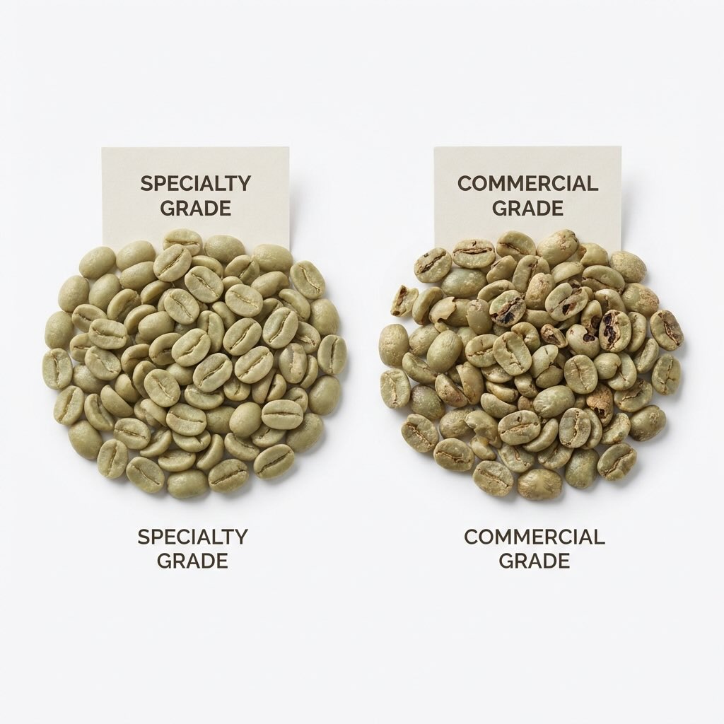Close-up comparison of specialty grade and commercial grade coffee beans side by side