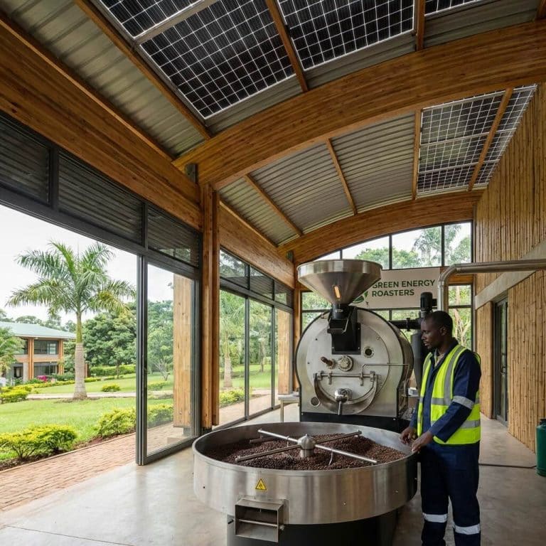 Solar-powered roasting facility with Ugandan male operator