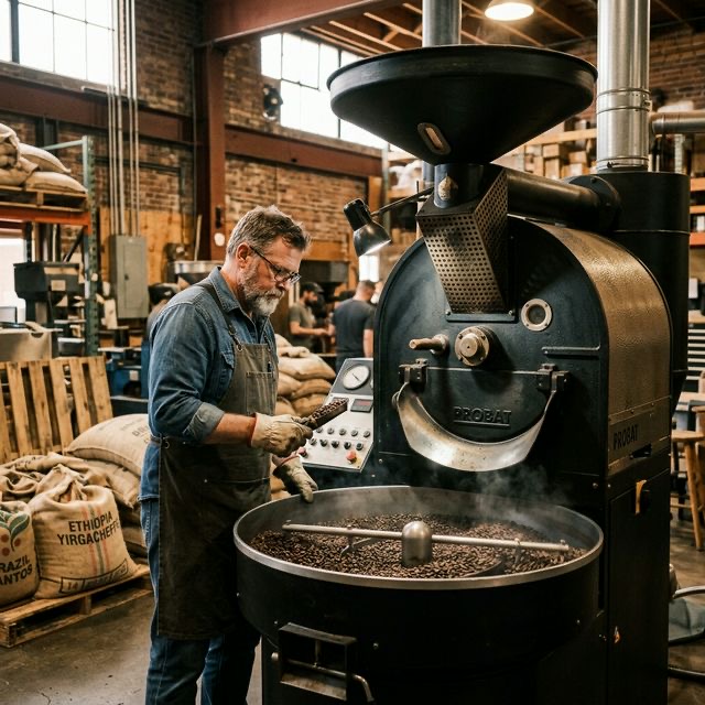 Male master roaster working on an industrial commercial coffee roaster