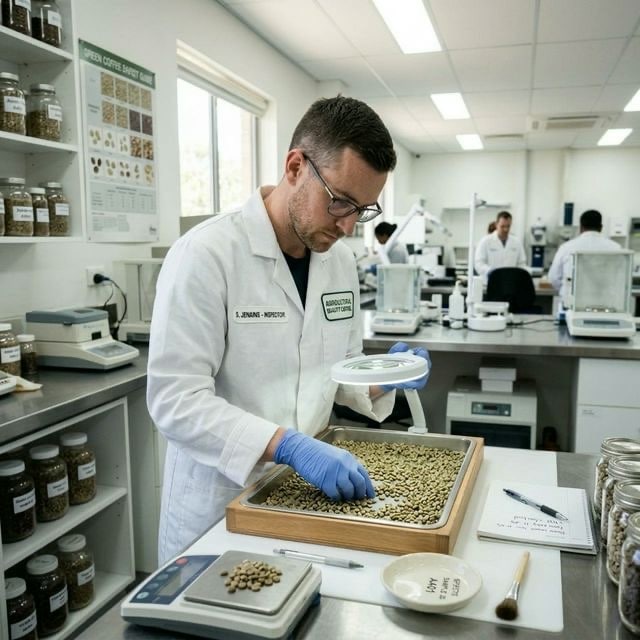 Agricultural inspector checking green coffee beans in a lab