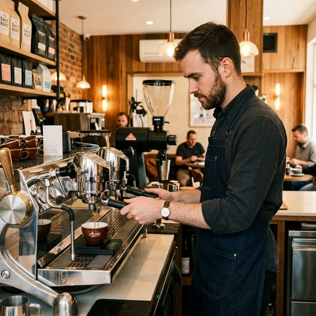 Male barista successfully managing a high-volume morning rush on a commercial espresso machine