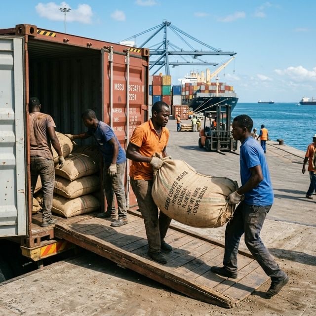 Loading heavy jute bags of green coffee beans into a shipping container