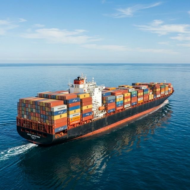 A cargo ship transporting containers of coffee across the ocean