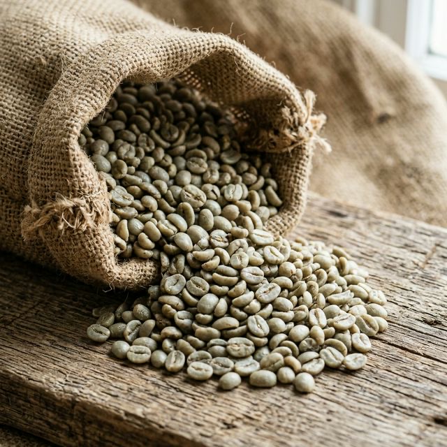 High-grade green coffee beans spilling from a burlap sack