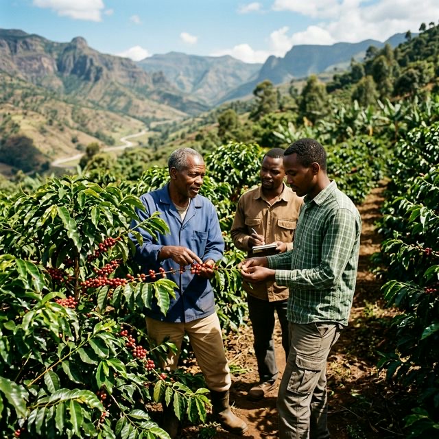 Male farmers harvesting high altitude coffee beans on an African farm