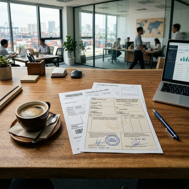 Coffee export documents and certificate of origin on a logistics desk